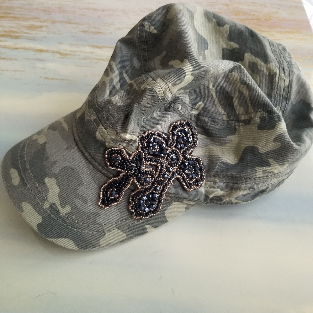 Military Style Cap Green Camo Sparkly Crosses